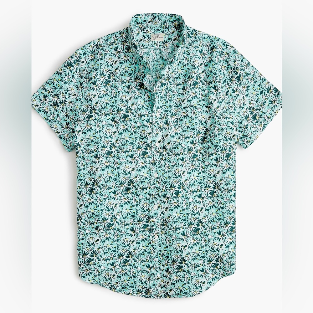 J CREW aqua floral Short-sleeve linen shirt